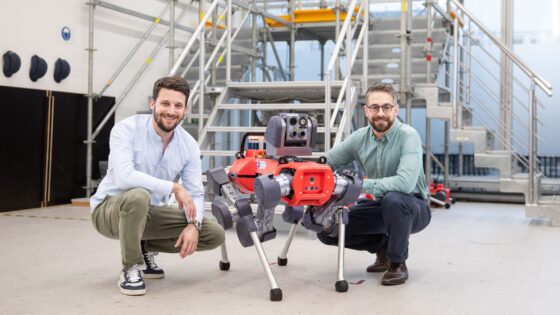 Fredrik Isler, CFO and Dr. Péter Fankhauser, Co-founder and CEO, with ANYmal at the ANYbotics head office, Zurich.